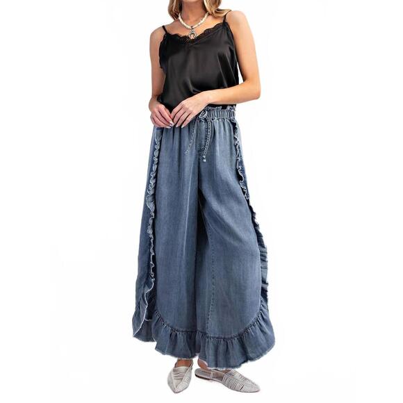 EASEL Pants - NEW EASEL plus size ruffle chambray pants in washed denim